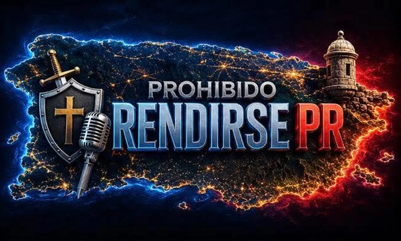 Prohibido Rendirse PR — escudo con la cruz, espada, micrófono y el mapa de Puerto Rico