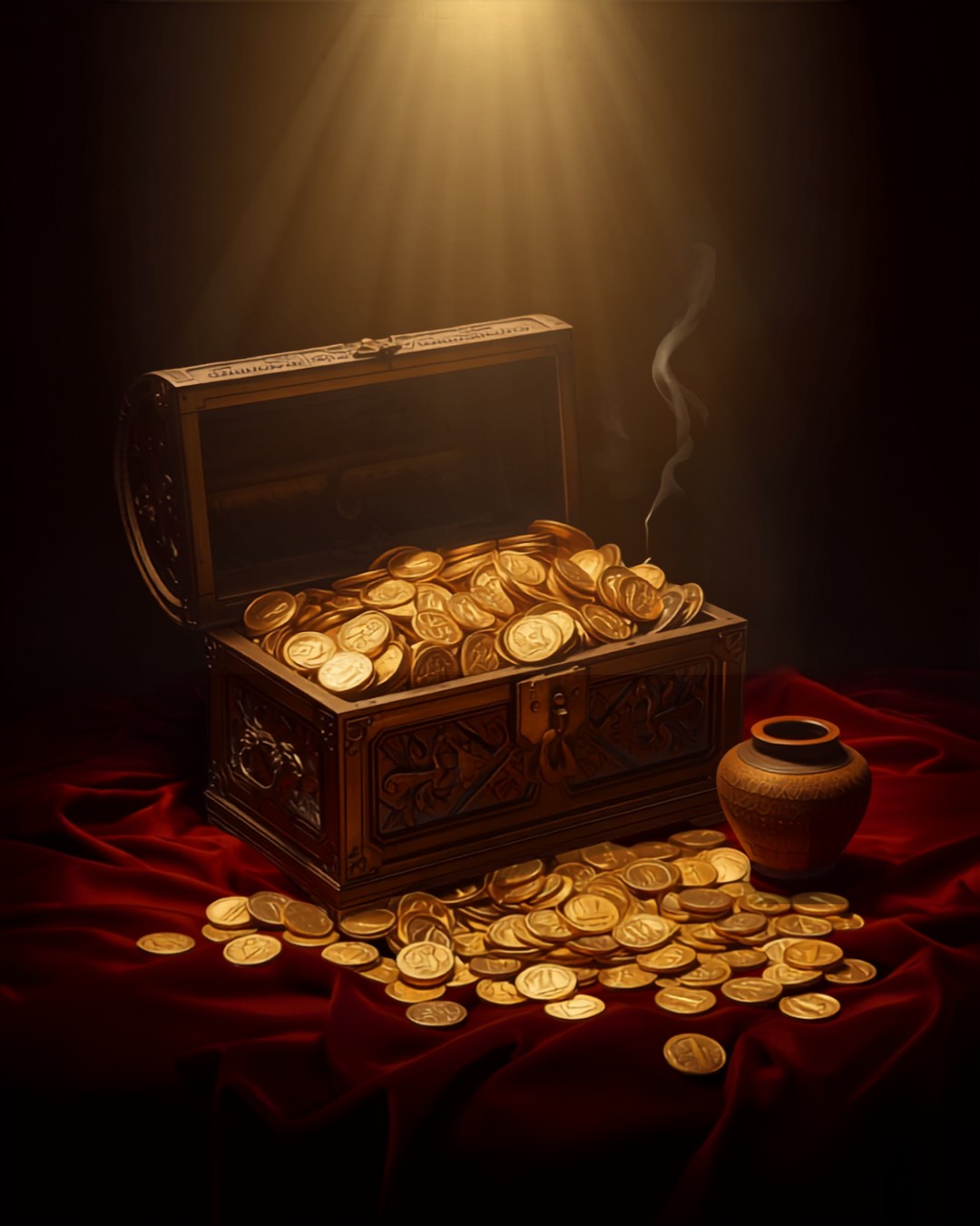La ofrenda al Señor: cofre con monedas de oro, incienso y mirra bajo la luz